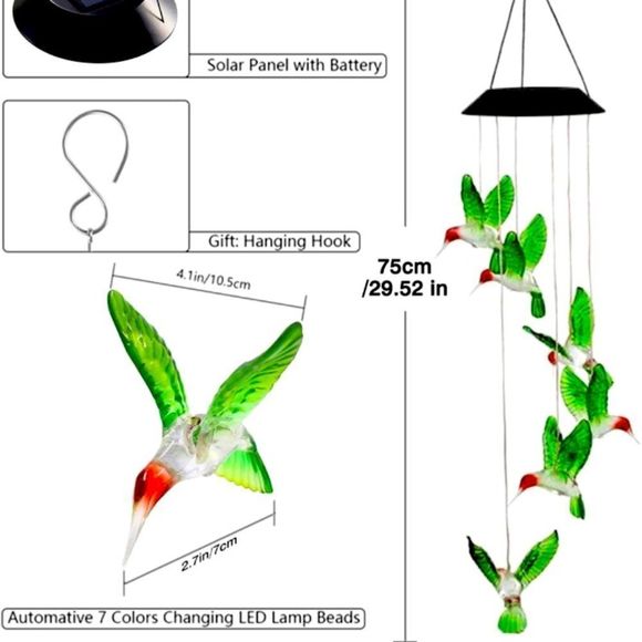 Solar Wind Chime Night Light Hummingbird - Picture 6 of 8